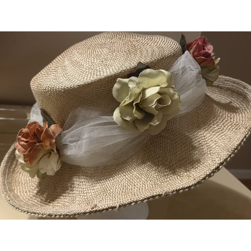 Deborah Rhodes Mocha Wide Brim Hat Sinamay Floral Derby Church Wedding 22.5